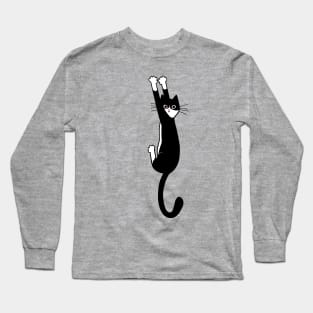 Black and White Cat Hanging On | Funny Tuxedo Cat Long Sleeve T-Shirt